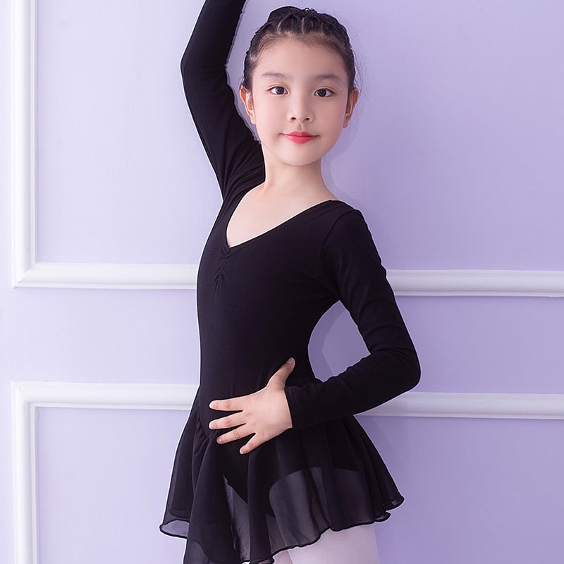 black Girls Ballet Dress Gymnastics Dance Leotard Costume Dancewear With Skirt