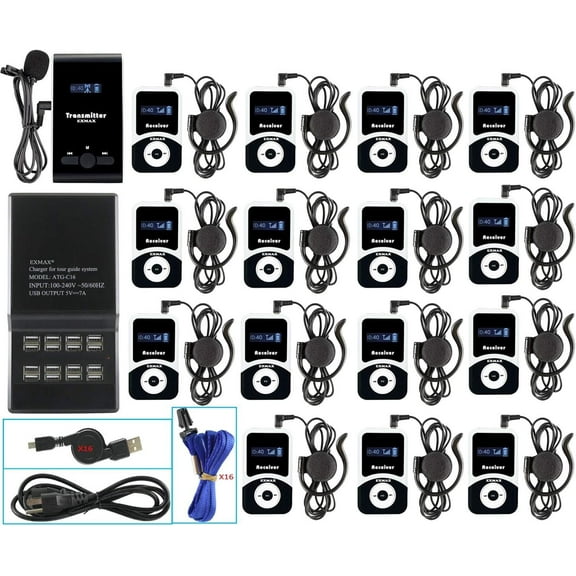 EXMAX® EX-100 Wireless Tour Guide System Microphone Earphone Headset for Church Translation Walking Museum Tour Courtroom Assitive Listening (1 Transmitter 15 Receivers 16-Ports USB Charger Base)