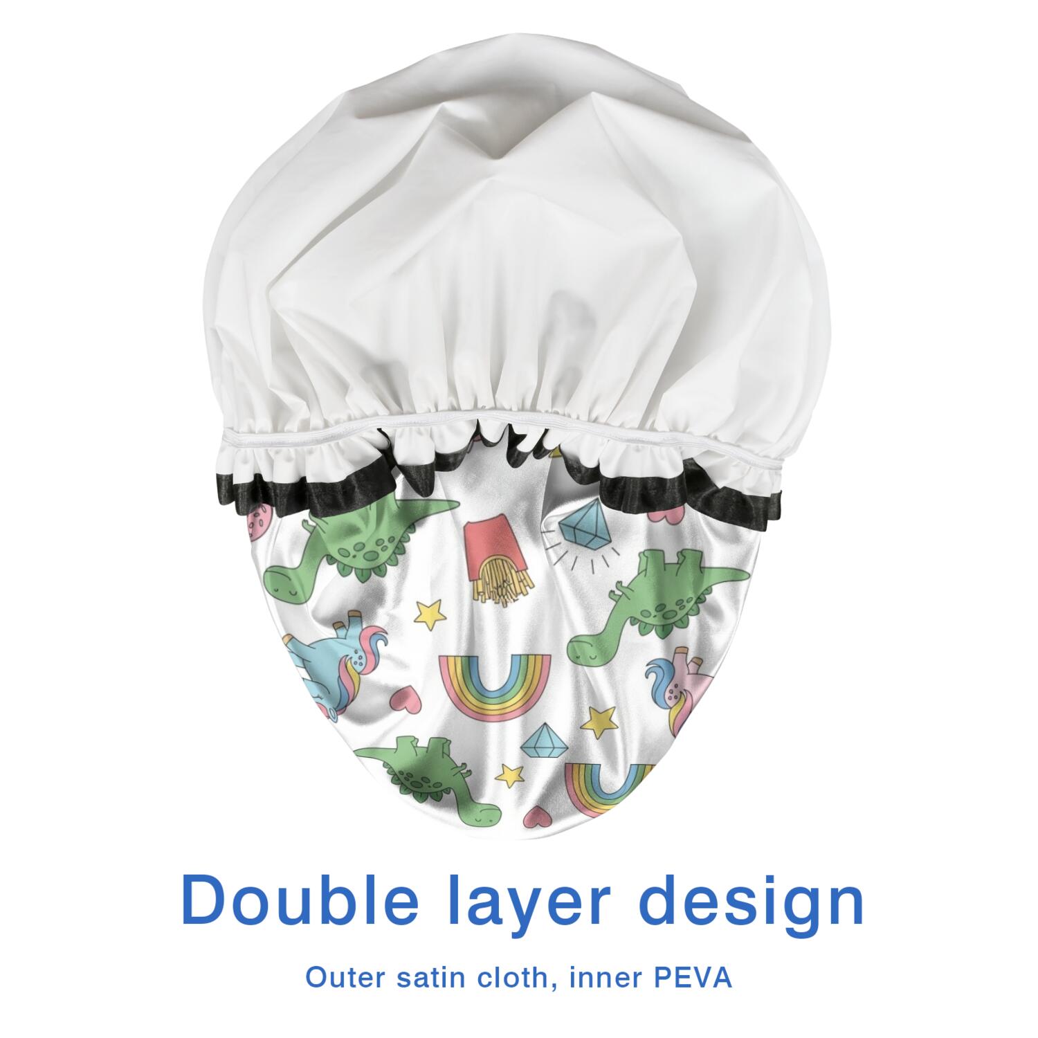 Shower Caps,White Cartoon Dinosaurs Unicorns Pattern Waterproof Shower Cap for Women 4 Pieces,Double Reusable Hair Cover for Shower PEVA Elastic Stretch Hem