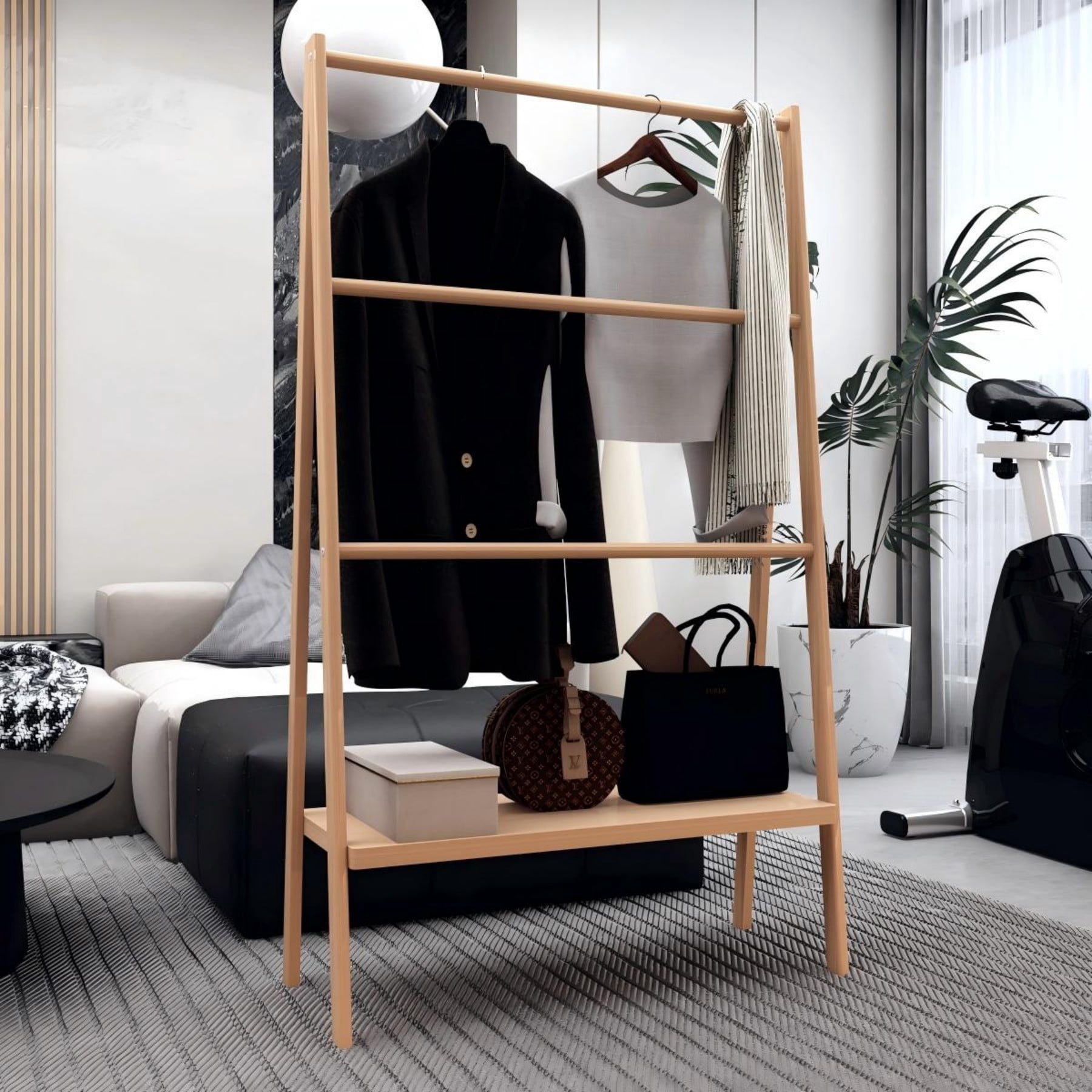 Freestanding Bamboo Wood Towel Ladder Rack with Storage Shelf,4 Tiers,Neutral