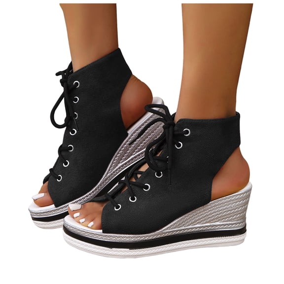 Rokment Women's Leopard High Top Fashion Sneakers Platform Wedge Sandals 2026 Summer Casual Lace up Fish Mouth Open Toe Chunky High Heels Slingback Sandals Black Size 6.5
