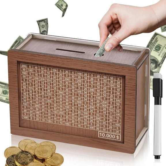 Wooden Money Box Money Bank, Countdown Money Saving Box with 10000 Dollars Target, Savings Challenge Box with Money Target and Numbers to Check for Boys Girls (10000 USD)