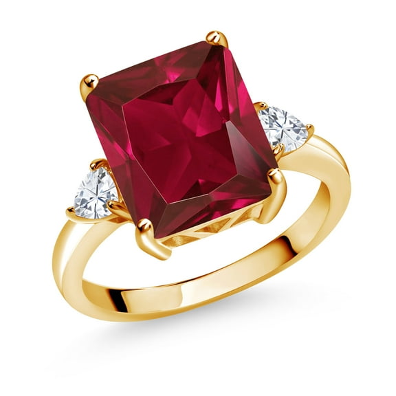 Gem Stone King 18K Yellow Gold Plated Silver 3-Stone Ring Octagon Red Created Ruby and Moissanite (6.02 Cttw, Size 8)