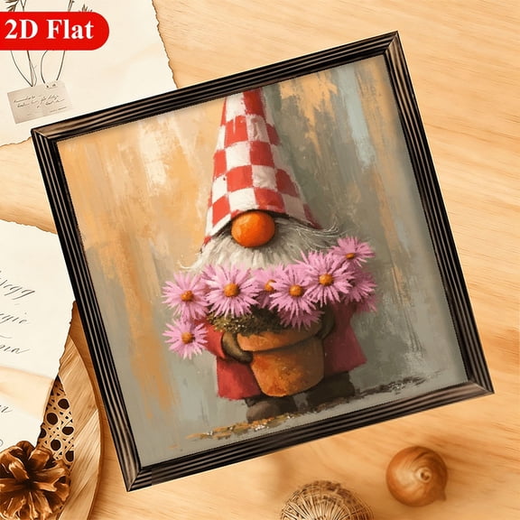 2D Flat, 1pc, Rustic Gnome Holding Pink Flowers Wood Framed Sign Garden Theme Wall Hanging for Spring Decoration, Farmhouse, Kitchen, Bedroom, Easter