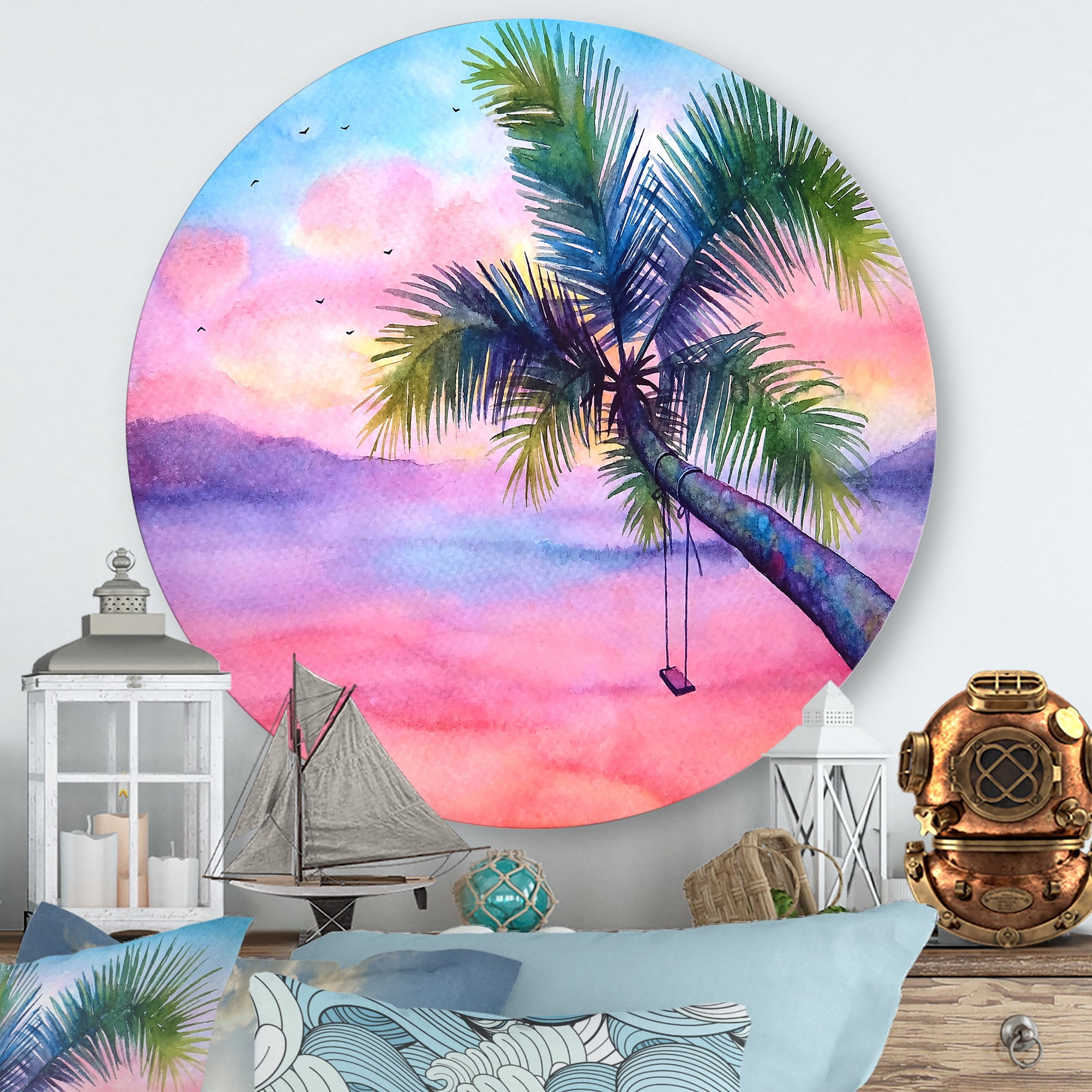 Designart 'Vivid Sunset Landscape With Swing and Palm' Nautical & Coastal Circle Metal Wall Art 11x11 - Disc of 11