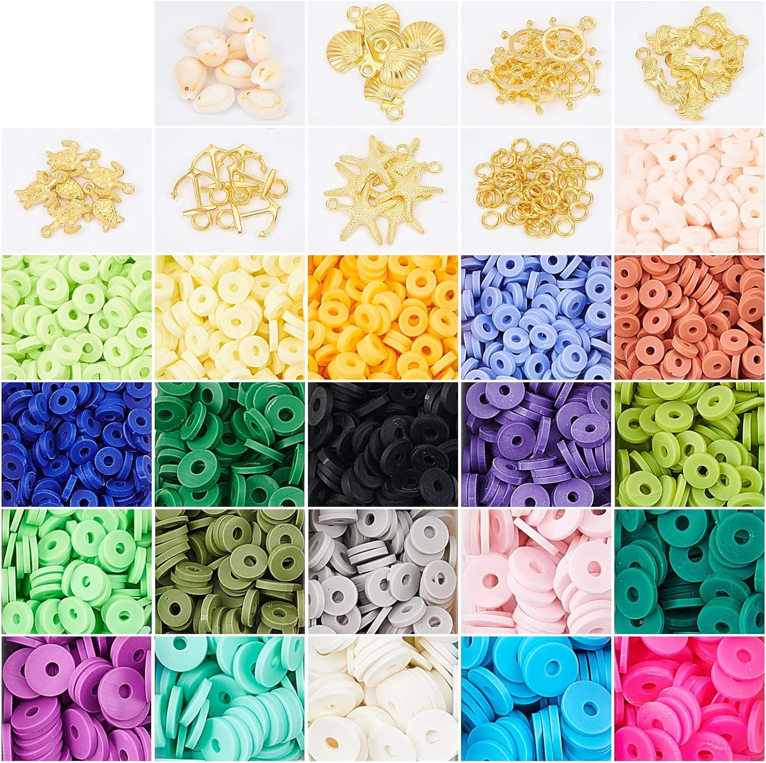 Handmade Polymer Clay Beads 6900 Pcs 3 Sizes 7 Colors Flat Round Spacer Beads with Alloy Pendants and Cowrie Shell Beads for DIY Jewelry Necklace Bracelet Earring Craft Making Mixed Color