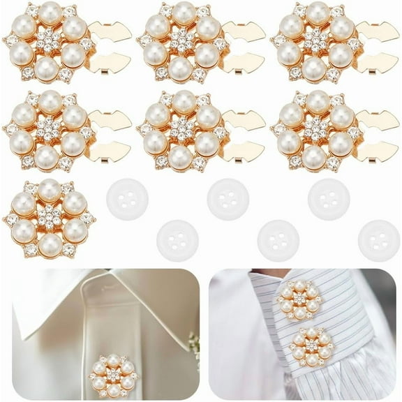 6Pcs Pearl Button Covers with 6 Sewing Buttons Pearl Rhinestone Flower Button Cover Fashion Clip on Buttons Cover No Sewing Cufflinks
