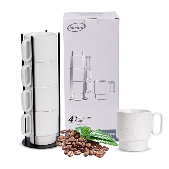 Bacimi Set of 4 Handmade Stackable Coffee Cup Mug Tower Set With Stylish Metal Wire Rack For Cappuccino, Latte, Tea, Cocoa, Hot Beverage 13.5oz, 400ml
