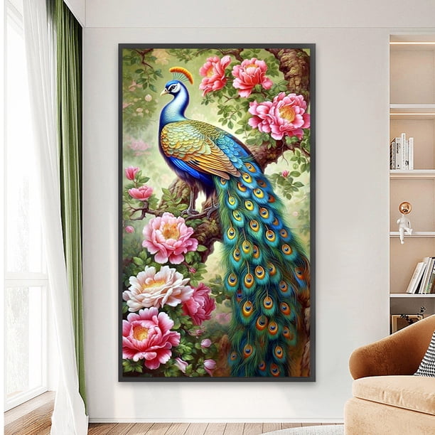 Cuadros Decorativos Pintura de diamante 5D DIY Taladro redondo completo Kit de pavo real AB parcial Decoración 45x75cm DQrwqpou embutido en tela