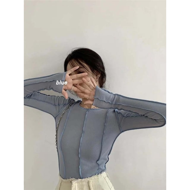 Camisetas de manga larga de primavera para mujer, camisetas elegantes informales con decoración de línea brillante y cuello redondo liso, camisetas suaves de alta calidad para mujer Dengxun unisex