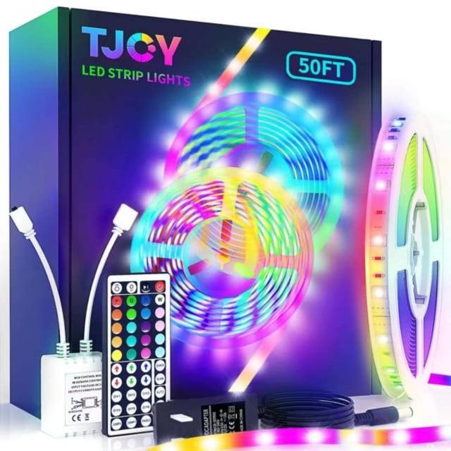 TJOY Tira de luces LED con control remoto de 44 teclas de 50 pies, luces LED RGB multicolor, tira de luz LED que cambia de color para dormitorio, tira de iluminación LED para decoración de habitación