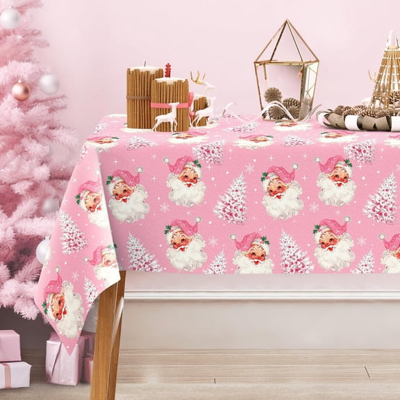 Pink Christmas Tablecloth Rectangle Xmas Tree Santa Claus Fabric Table Cloth Washable Table Cover for Picnic Dining Table Decor, 60 x 102 Inch