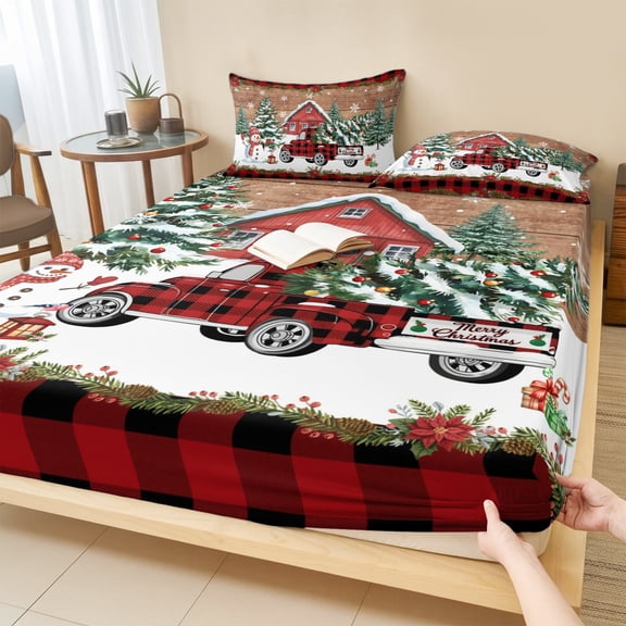 Cal.King Size Fitted Sheet Set - Red Plaid Christmas 3 Piece Bedding Sets 16" Deep Pocket Fitted Sheet with 2 Pillowcases, Snowman Truck Xmas Tree Snowflake Wooden Brushed Microfiber Hotel Bed Sheets