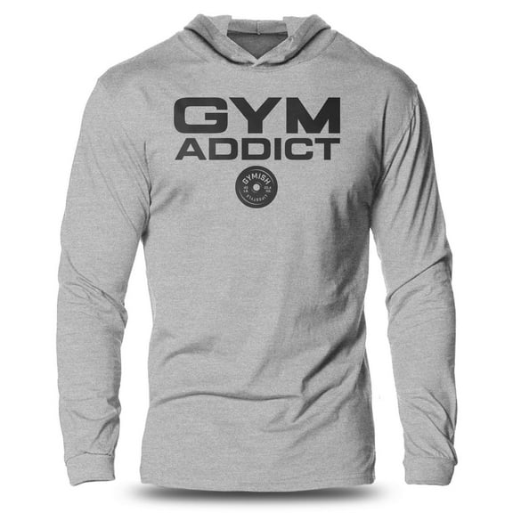 GYMISH "IRON ADDICT" Lightweight Long Sleeve Hooded T-Shirt for Men – Funny Gym Hoodie, Bodybuilding & Fitness Training Shirt