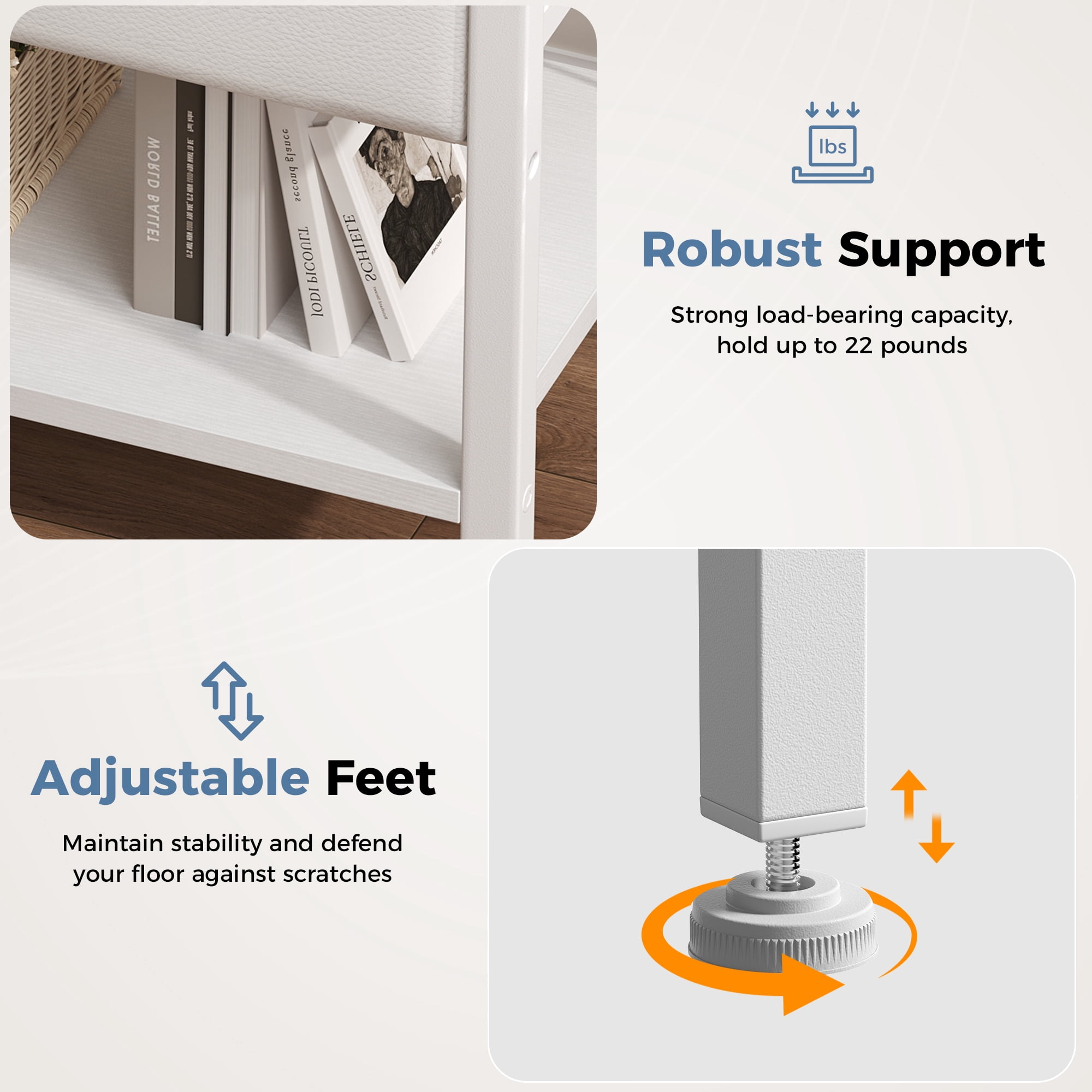 CONCETTA Set of 2 Small Night Stand with Charging Station, 1 Fabric Drawer, USB Ports and Outlets, Open Storage Shelf Bedside End Table for Bedroom, White