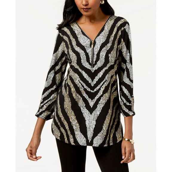Jm Collection Women Petite 3/4-Sleeve Zip-Front Zebra Top Black Zebra PS