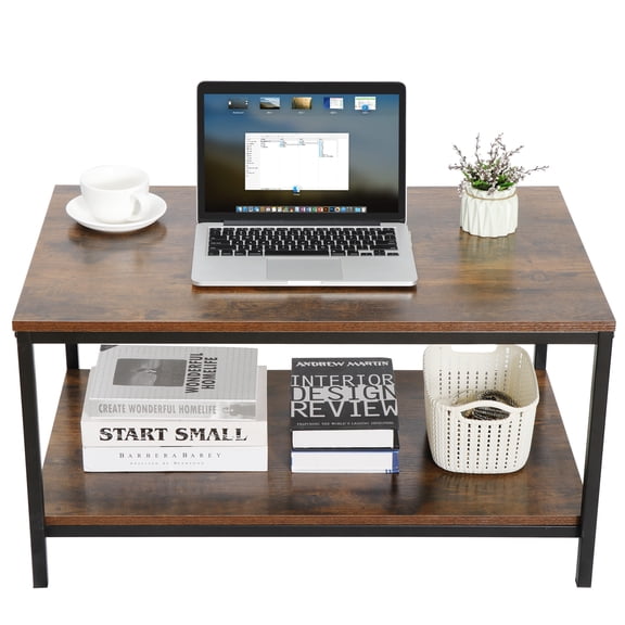 WoofPaw 2-Tier Industrial Coffee Table with Storage Shelf for Small Apartment Living Room, Rectangle Wood and Stable Metal TV Stand Side End Table,Rustic Brown