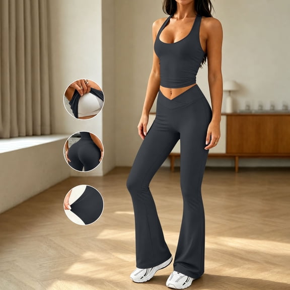 Ynynloco Womens Workout Sets 2 Piece Spaghetti Straps Crop Top High Waist Tummy Control Flared Leg Yoga Pants Yoga Pilates Outfits