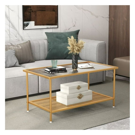 2-Tier Coffee Table with Shelf, Tempered Glass Top Center Table, Golden Metal Frame Living Room Cocktail Table, Modern Wavy Design for Home & Office, 35.5"x20"