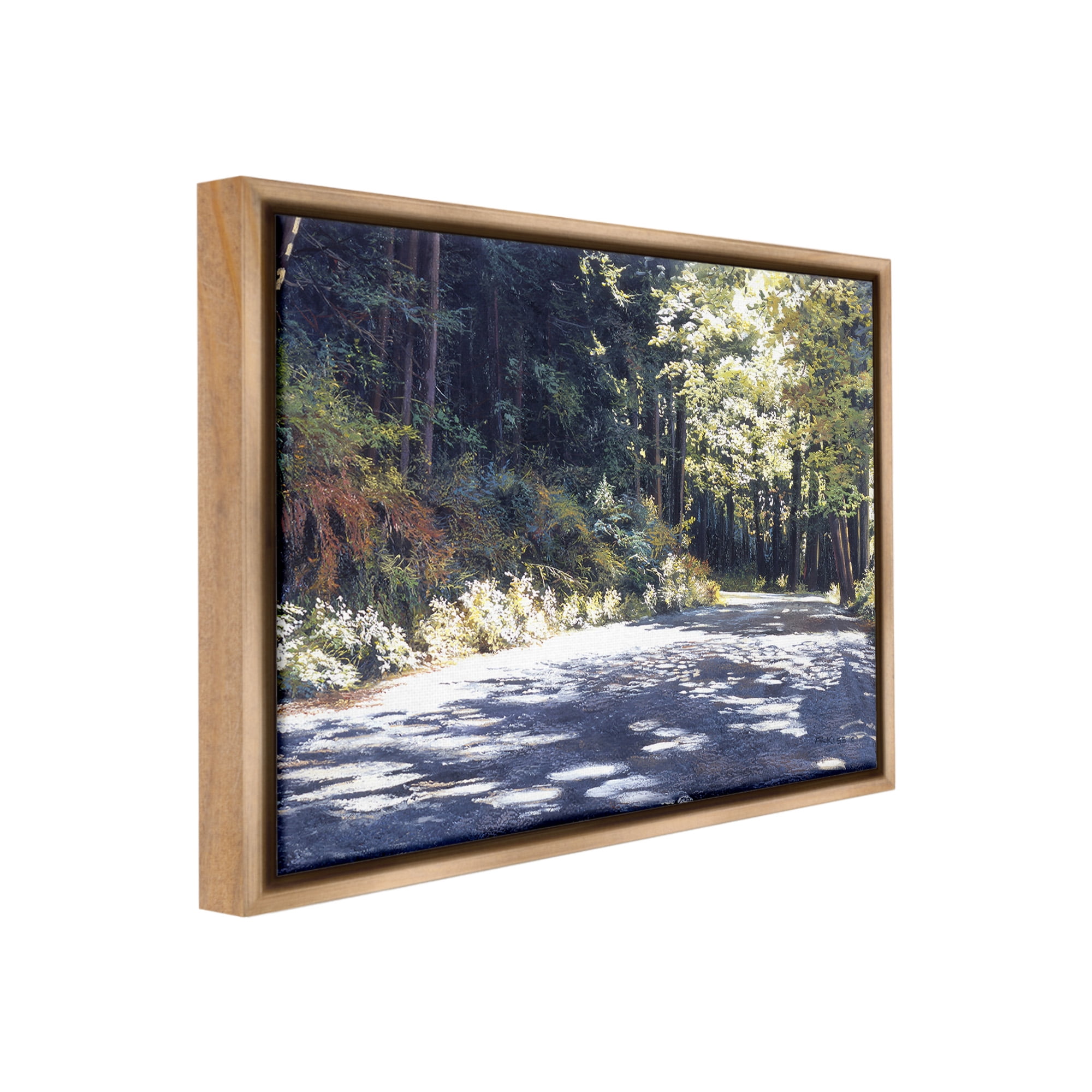 Stupell Industries Sunlit Woodland Road Landscape Painting Brown Floater Framed Canvas Art Print Wall Art, 21 x 17