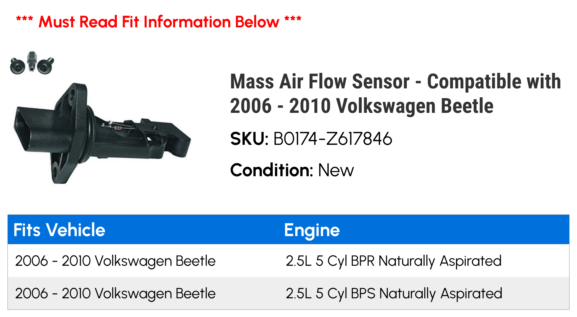 Mass Air Flow Sensor - Compatible with 2006 - 2010 Volkswagen Beetle 2007 2008 2009