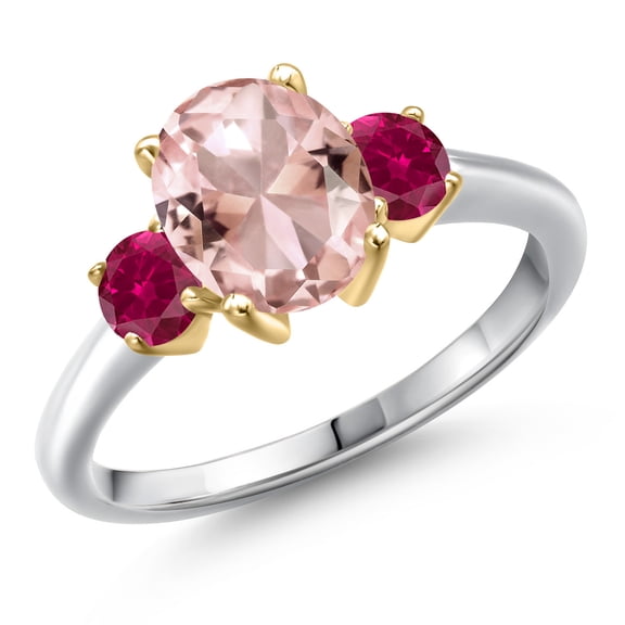 Gem Stone King 10K Two Tone Gold Peach Nano Morganite and Red Created Ruby Engagement Ring for Women | 2.50 Cttw | Oval 9X7MM | Gemstone October Birthstone | Size 8