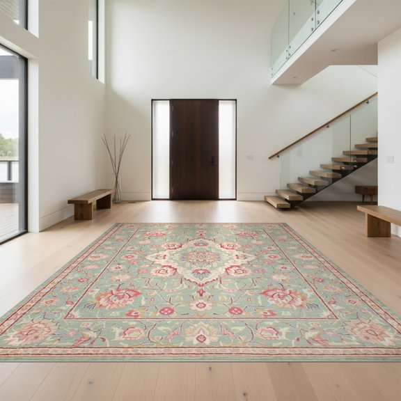 Design&I 8'x10' Washable Area Rug Oushak Floral Medallion With Vine Scroll And Bordered Vintage Trellis for Dining Room, Large Office, Lounge, Snag-Free