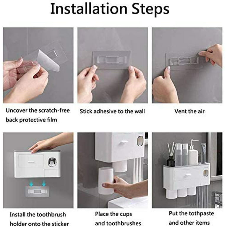 Toothbrush Holder WREWING Multi-Function Wall-Mounted Automatic Toothpaste  Dispenser and Dust-Proof Toothbrush Holder with 5 Brush Slots 4 Cups 2