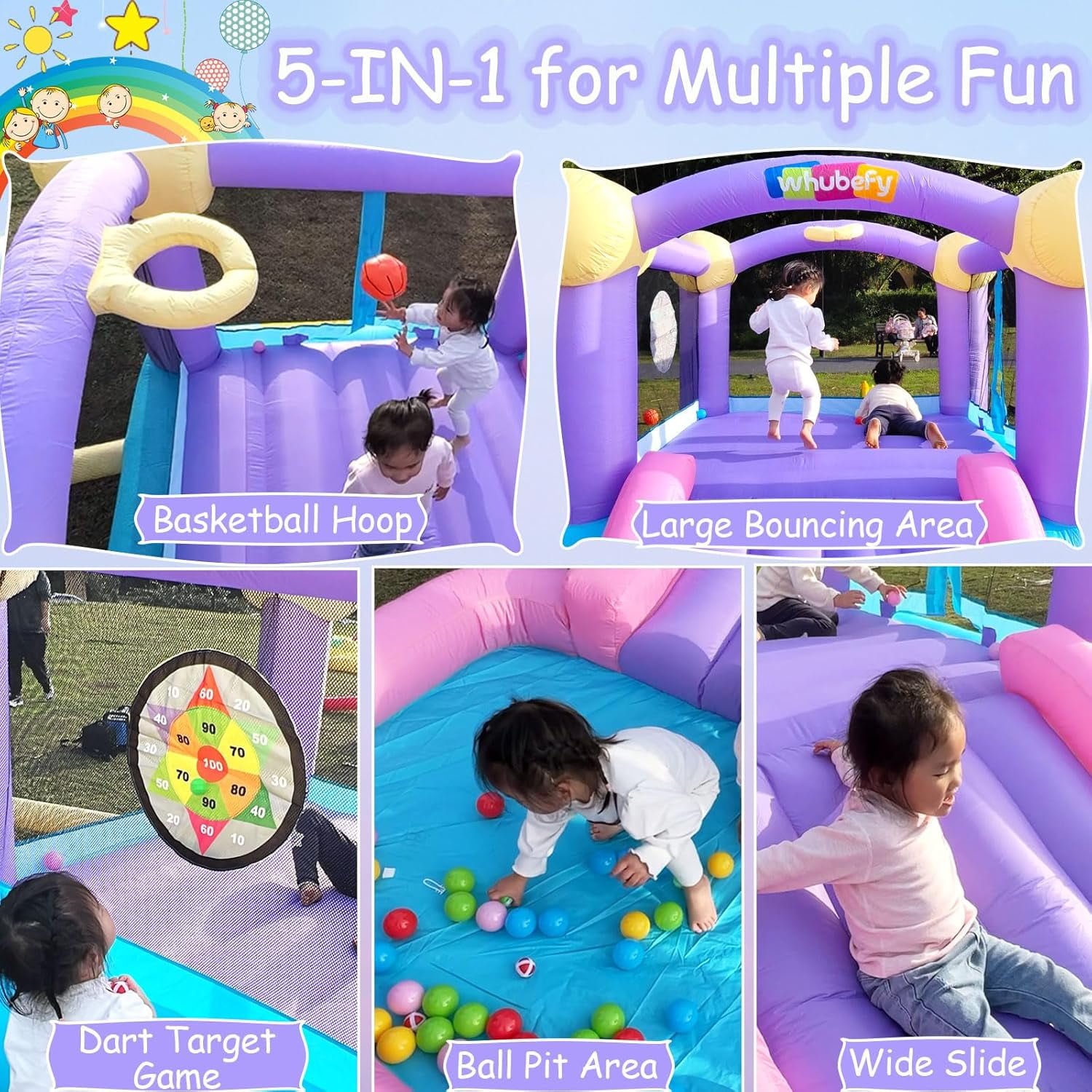 Inflatable Bounce House, 161"X82"X63" Indoor Outdoor Jumping House with 470W Blower, Water Slide Bouncy Castle for Kids Toddler 3~10 Years, Backyard Birthday Party Gifts