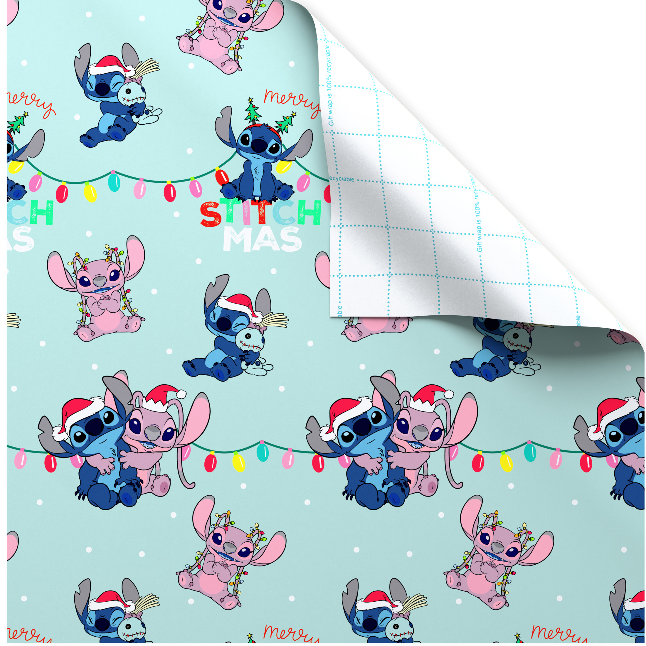 Plus Mark 40 in. Lilo and Stitch Light Blue Christmas Wrapping Paper with Cutlines (60 Sq. ft., 1-Roll)