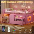 thumbnail image 4 of Low Loft Bed Twin Size with 5 Storage Drawers, Bookcase, LED Lights and Stuffed Animal Organizer, Metal Loft Bed with 13" H Safety Guardrail, Inclined Ladder and Under-Bed Play Space, Pink, 4 of 8