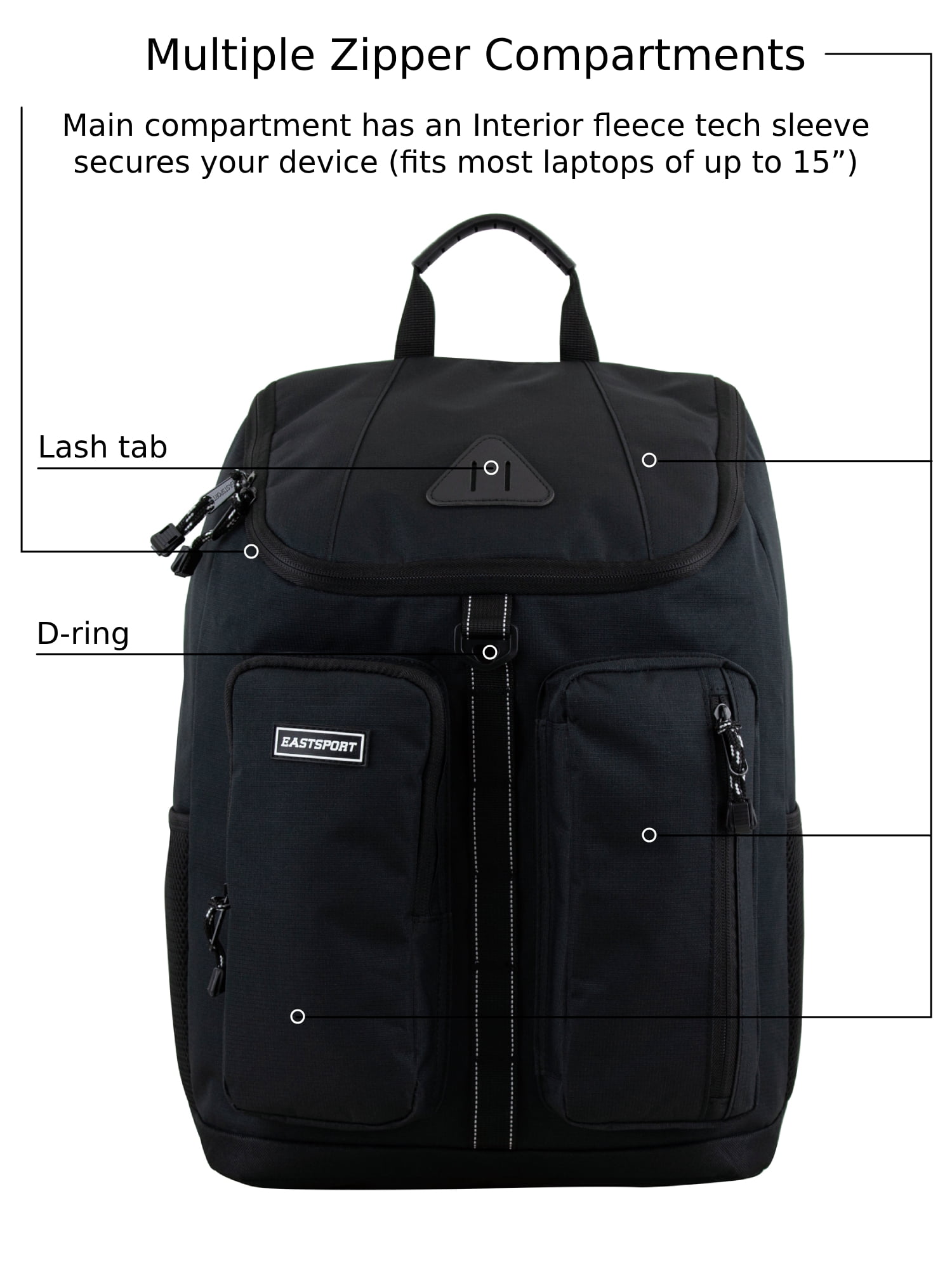 Eastsport Unisex Theo Top Loader Backpack, Black Ripstop
