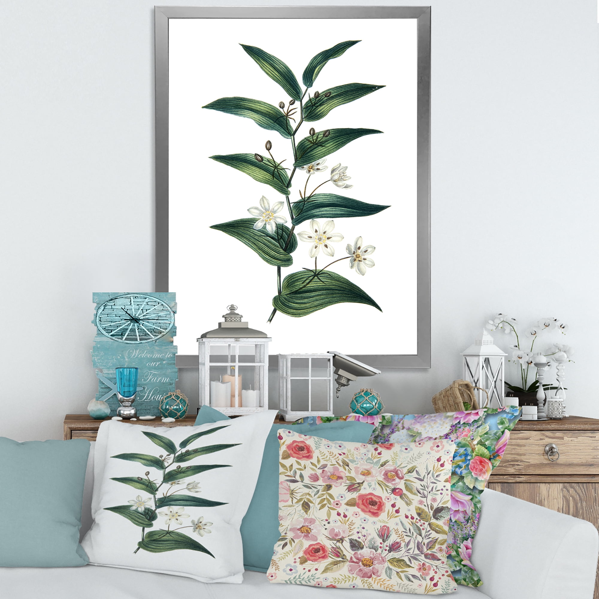 Designart 'Little White Flowers With Ancient Plant' Farmhouse Framed Art Print