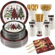 350 Pcs Christmas Paper Plates and Napkins Set, Buffalo Plaid Xmas Tree Disposable Dinnerware Set Holiday Party Plates for Xmas Winter New Year Holiday