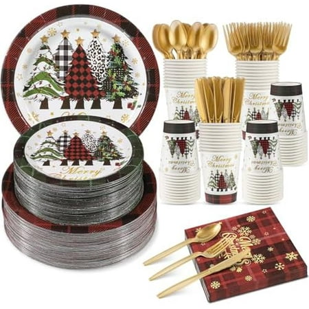 350 Pcs Christmas Paper Plates and Napkins Set, Buffalo Plaid Xmas Tree Disposable Dinnerware Set Holiday Party Plates for Xmas Winter New Year Holiday
