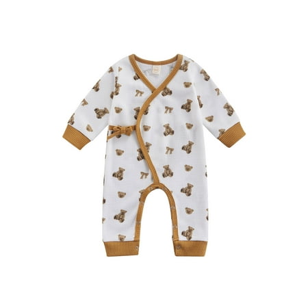 

Qiylii Newborn Unisex Romper Cartoon Bear Pattern Tie-up Long Sleeve Jumpsuit