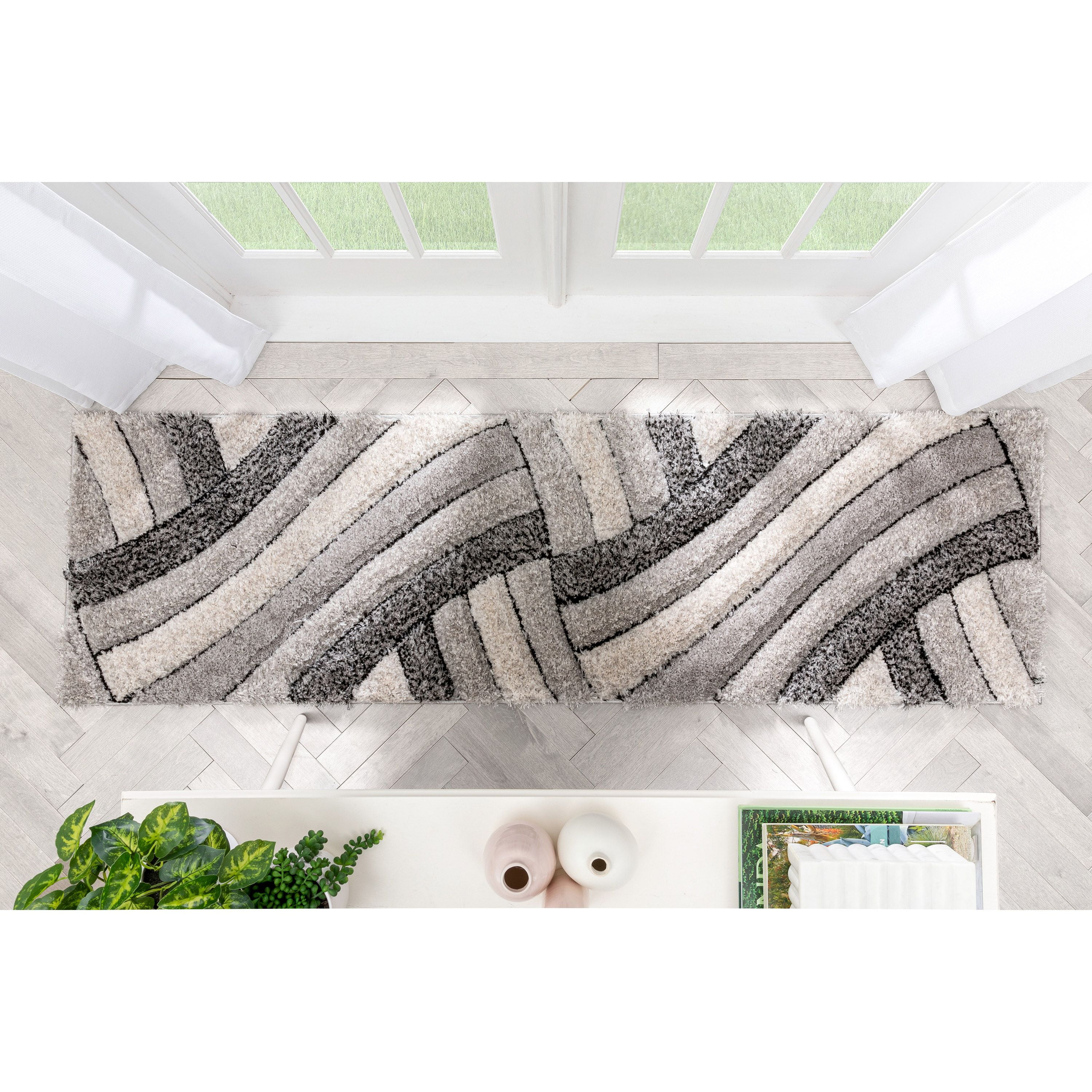 Well Woven Tilly Grey Geometric Stripes Thick Soft Plush 3D Textured Shag Area Rug