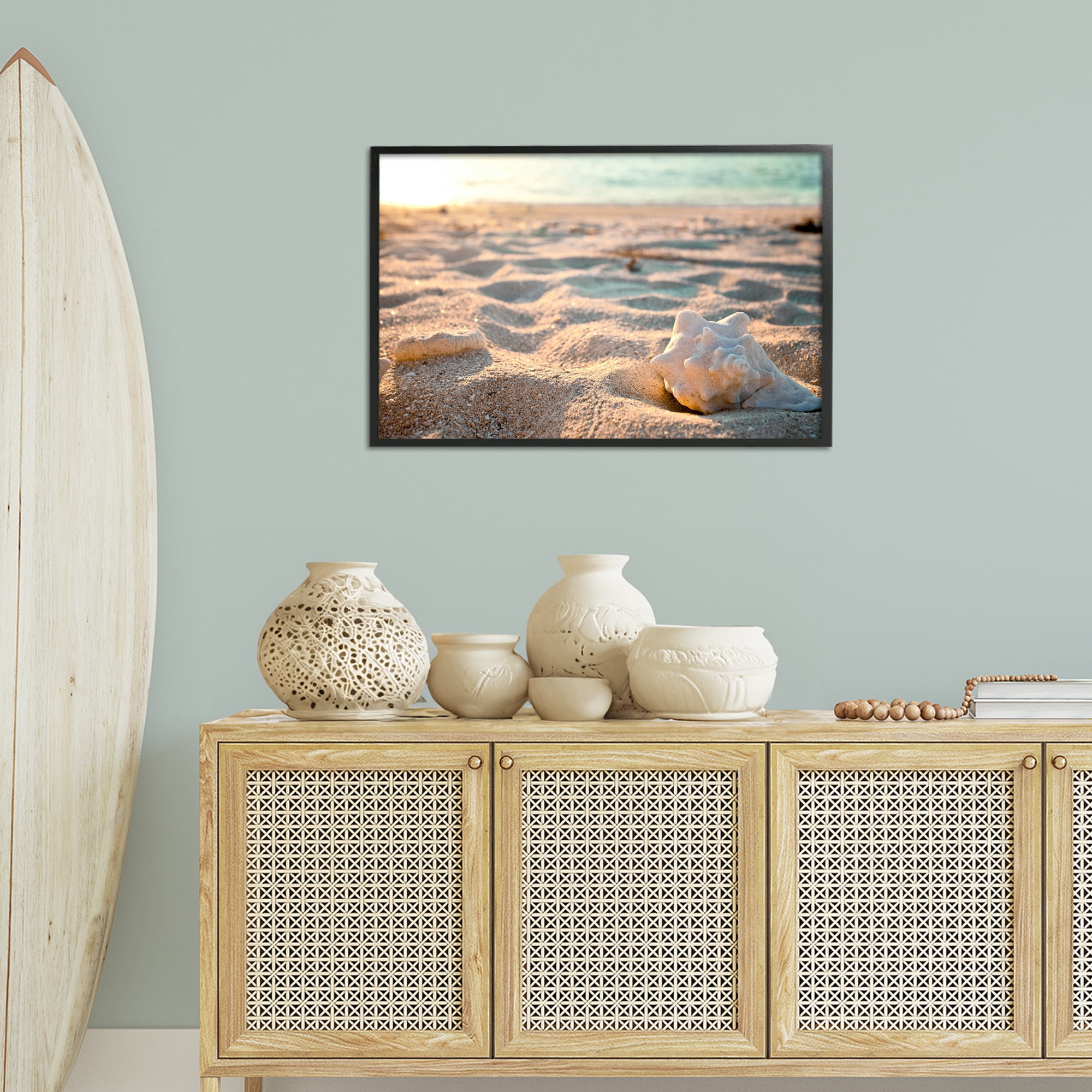 Stupell Industries Conch Shell in Sand Coastal Photography Black Framed Art Print Wall Art, 30 x 20