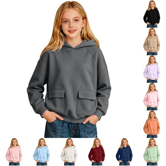 GobdXE Solid Girls Raglan Long Sleeve Hoodie Pullover Kids Dual Patch Pocket Hooded Sweatshirt Loose Casual Daily Fashion Top