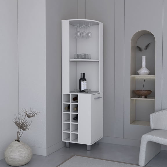 Wine Rack Kaia 70" Tall Corner Bar Cabinet With Four Shelves, Ten Wine Bottle Cubbies and Stemware in White,Wooden Wine Rack