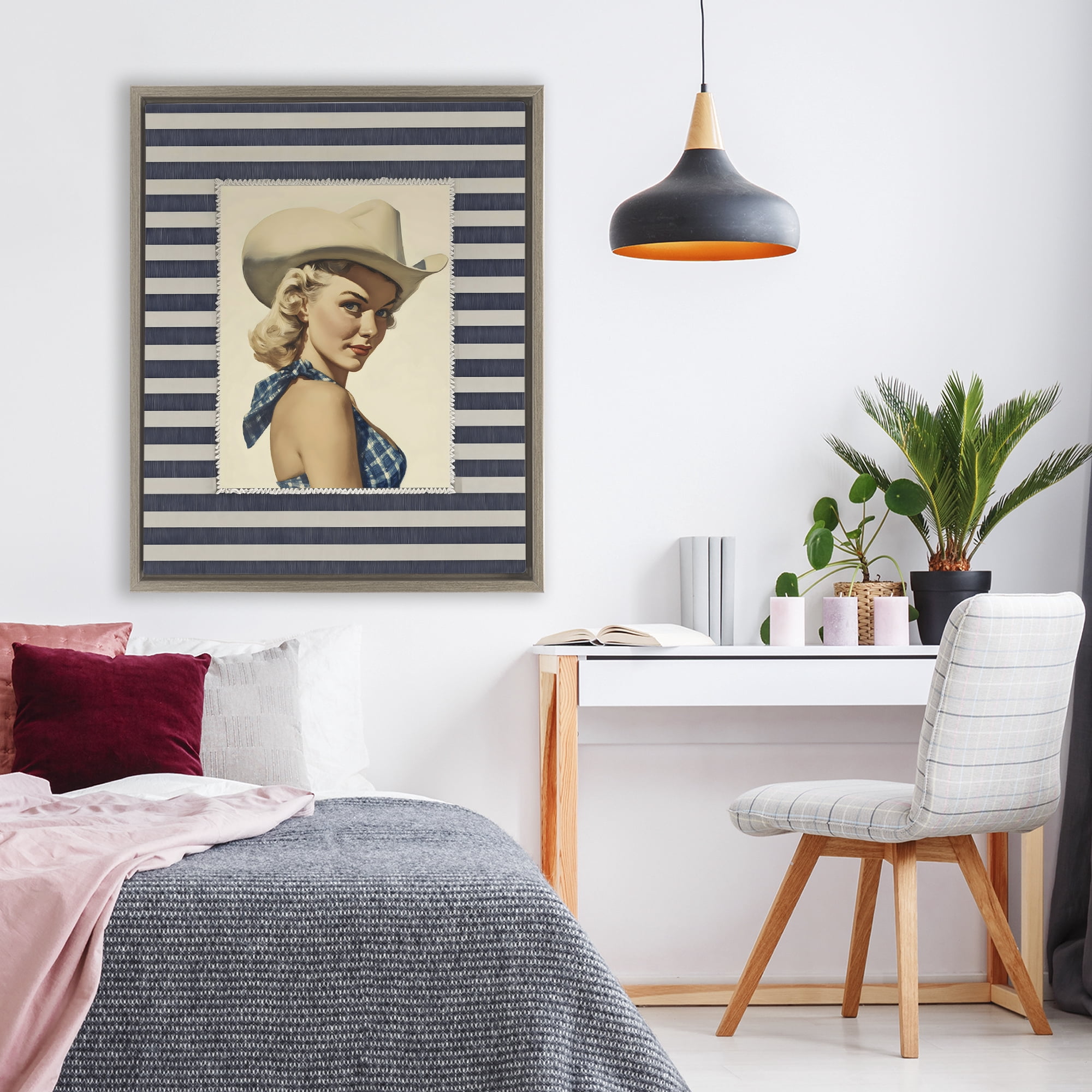 Stupell Industries Retro Cowgirl Stripes Brown Framed Floater Canvas Wall Art, design by Arlington Prints
