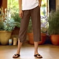 thumbnail image 2 of Wutalume Women's Cotton Linen Capri Pants Elastic Waist Casual Loose Straight Leg Beach Pocket Trousers Summer Vacation,Brown M, 2 of 5