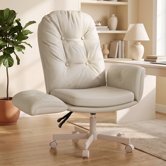Hawsaiy Criss Cross Office Chair with Flip-Up Arms, Ergonomic Cross Legged Desk Chair, PU Leather Executive Computer Chair, 135° Reclining Plush Cushion, Pet-Friendly, Beige