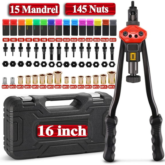 iMeshbean Rivet Nut Tool 16" Rivnut Tool Kit 15 PCS Metric &SAE Mandrels & 145PC Rivet Nut