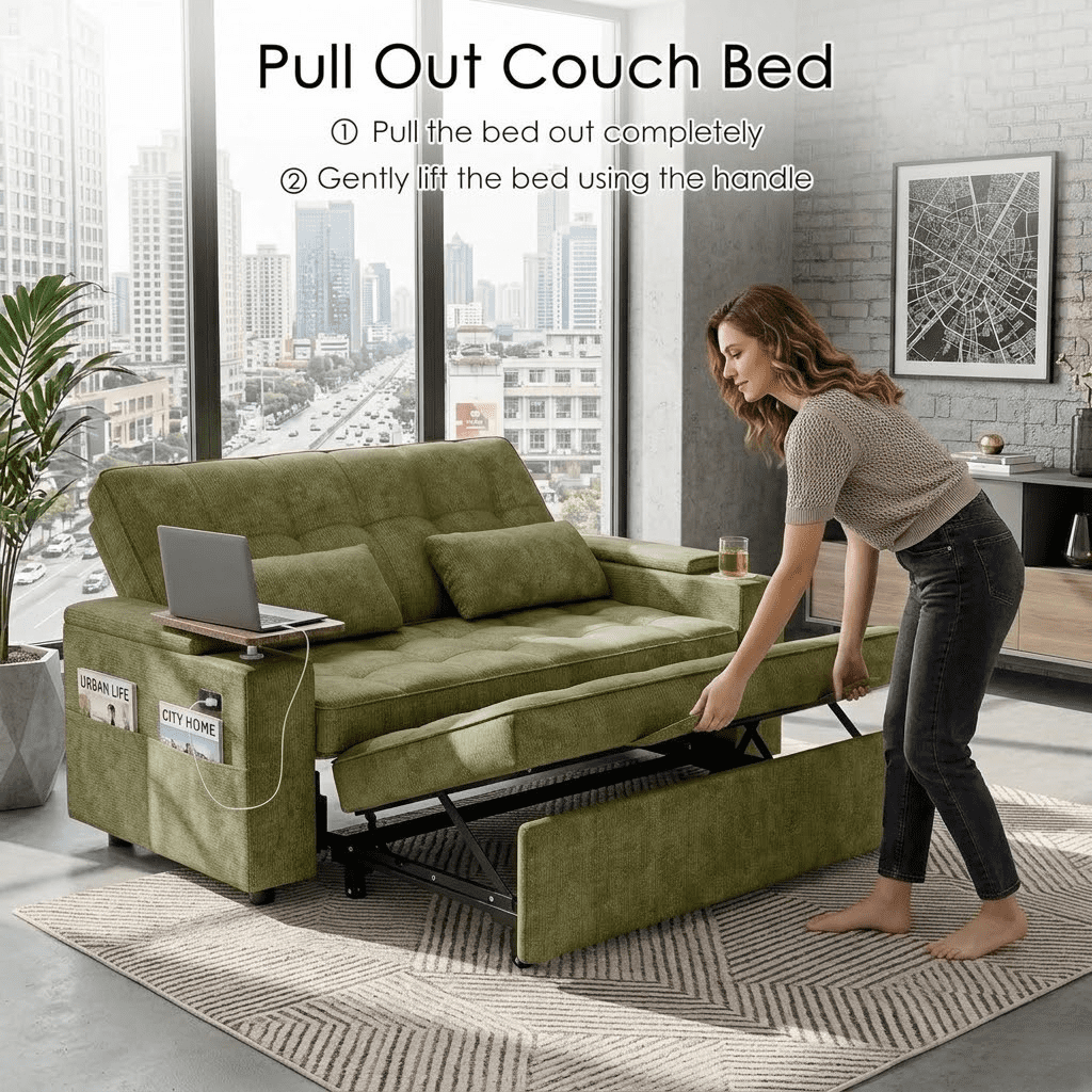 Howcool 65" Sleeper Sofa Bed, 3-in-1 Convertible Pull Out Couch Bed with Tray Table & Cup Holders, Chenille Loveseat Sofa with Adjustable Backrest for Living Room, Apartment(Green)