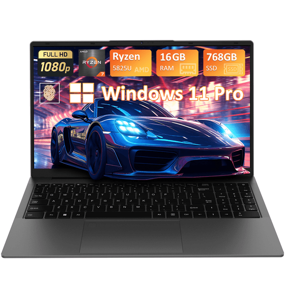 Auusda 15.6" Business Laptop AMD Ryzen 7 5825U, 16GB DDR4 RAM, 768GB NVME SSD, Windows 11 Pro Laptop Computer, Dual Channel SODIMM*2, Slot*2, Backlit, Fingerprint, Webcam Switch