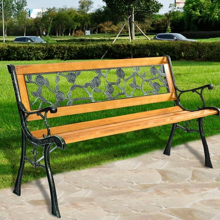 Costway Patio Park Garden Bench Porch Chair Outdoor Deck Cast Iron Hardwood