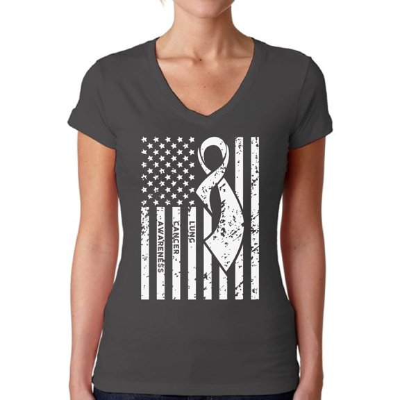 Awkward Styles Women's Lung Cancer Awareness V-neck T-shirt White Ribbon