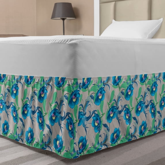 Floral Bed Skirt, Vintage Toned Garden Bouquets Flowering Leaves Meadow Blossoms Motif, Elastic Bedskirt Dust Ruffle Wrap Around for Bedding Decor, 4 Sizes, Green Sky Blue Pale Sepia, by Ambesonne