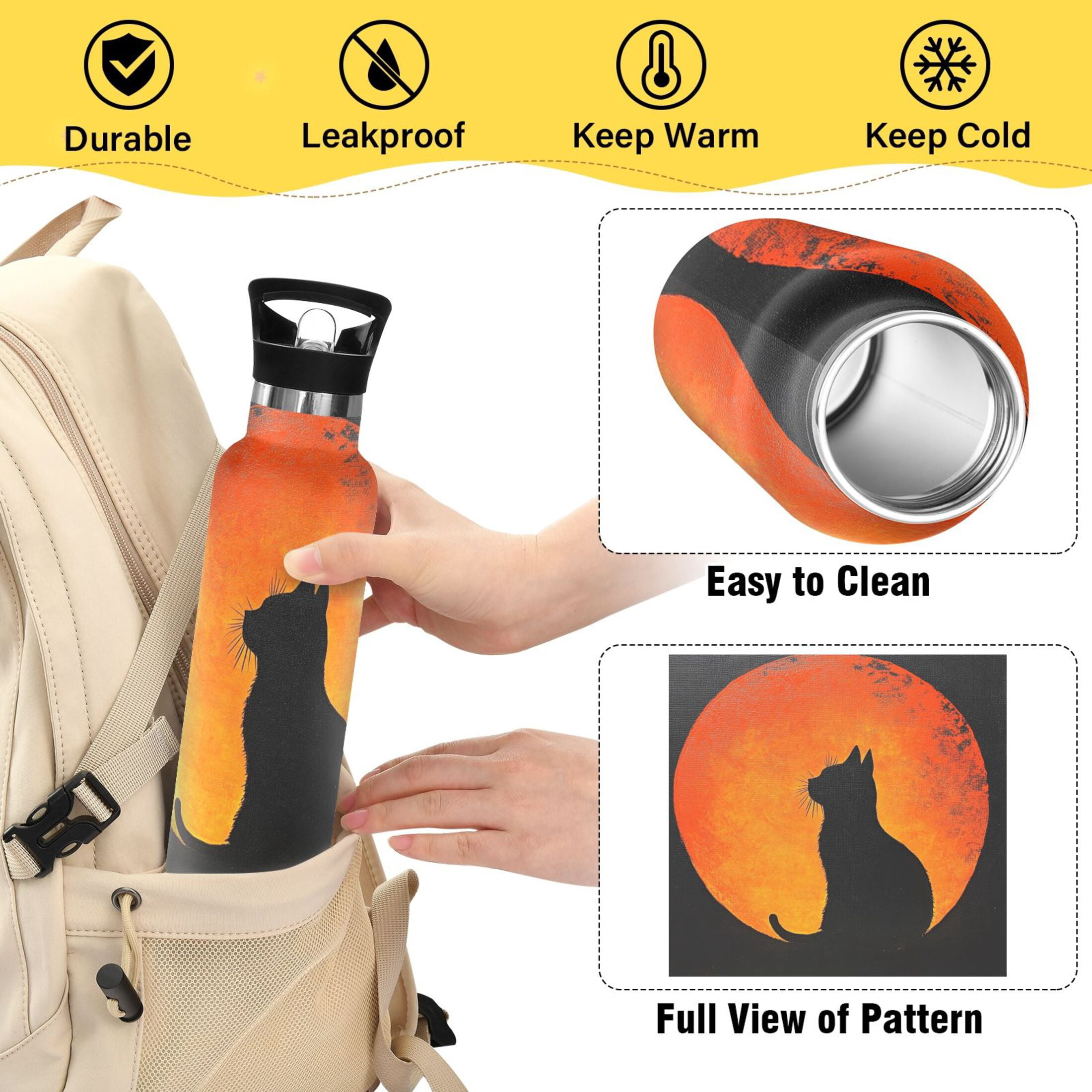 600ML Stainless Steel Insulated Cup Sports Water Bottle Portable Thermos Cup Water Glasses Insulated Tumblers Convenient and Durable Moonlit Cat